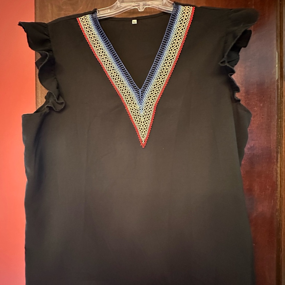 Black Ruffled V-Neck Top with Multicolor Trim